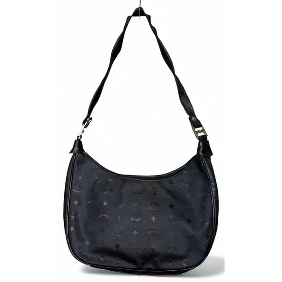 Vintage MCM Monogram Shoulder Bag Black Leather Hobo Style Logo - Picture 4 of 16